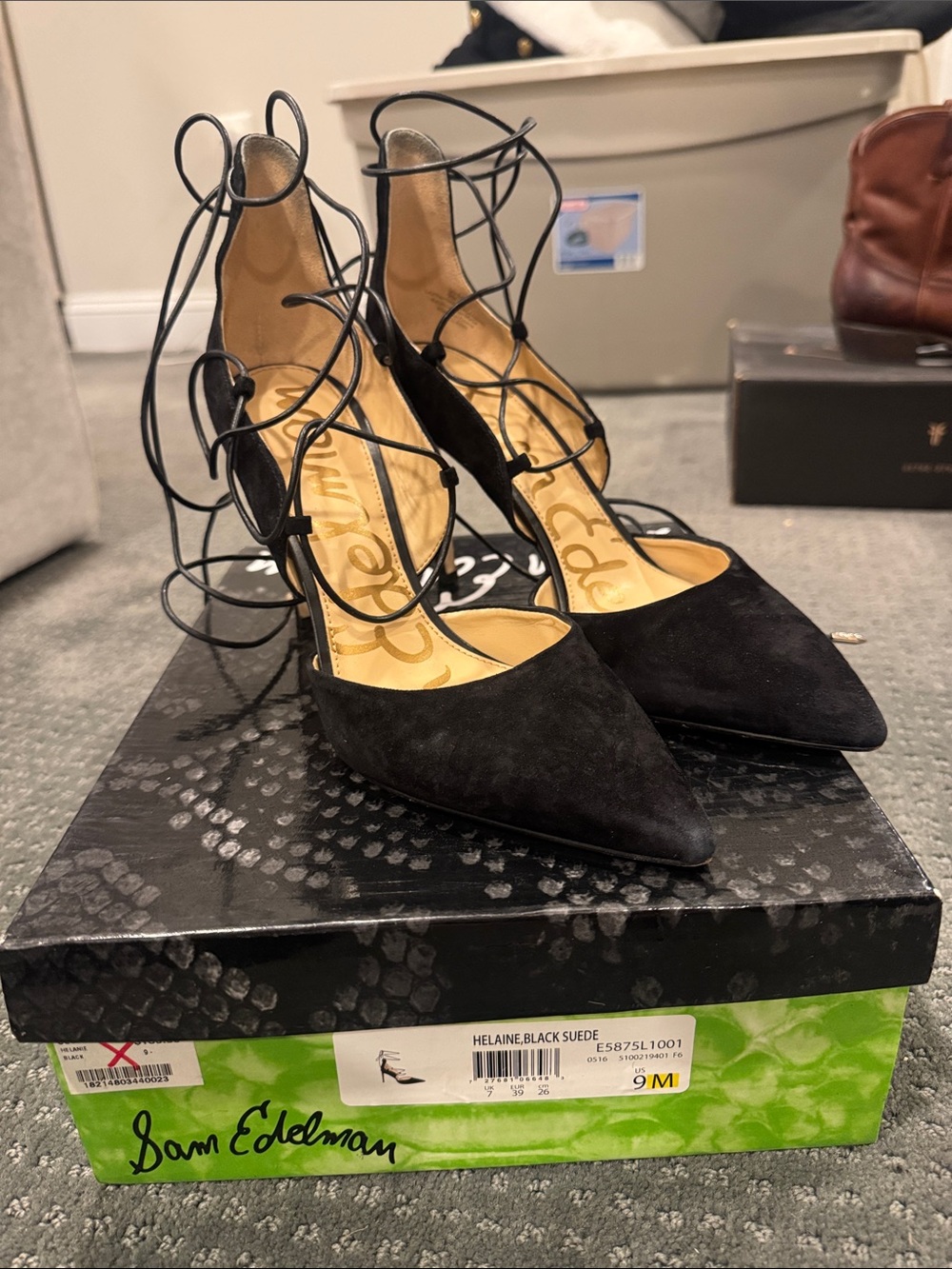 Sam Edelman Helaine Black Suede Lace-Up Pointed Toe Heels